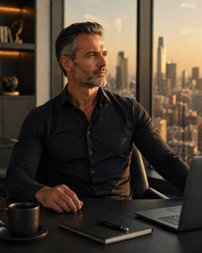 Man sitting in an office overlooking a city skyline