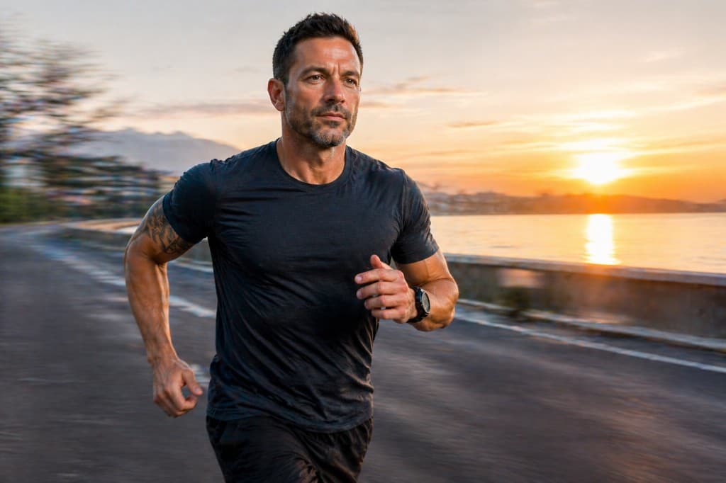 Man running outdoors at sunrise