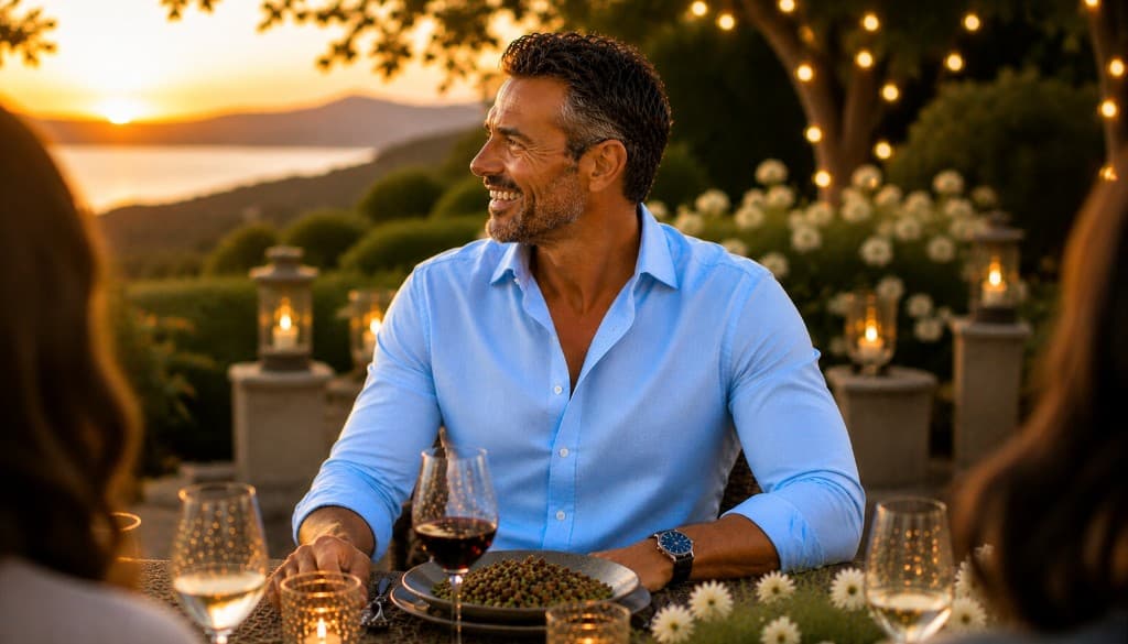 Man smiling at an outdoor dinner at sunset