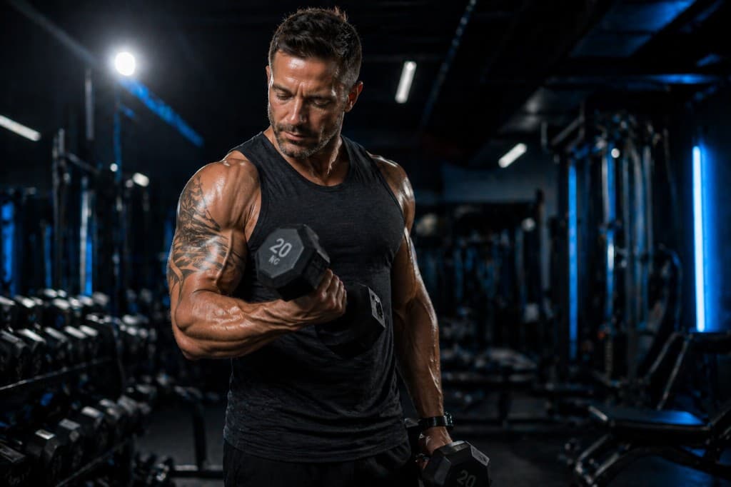 Man training with dumbbells in a dark gym
