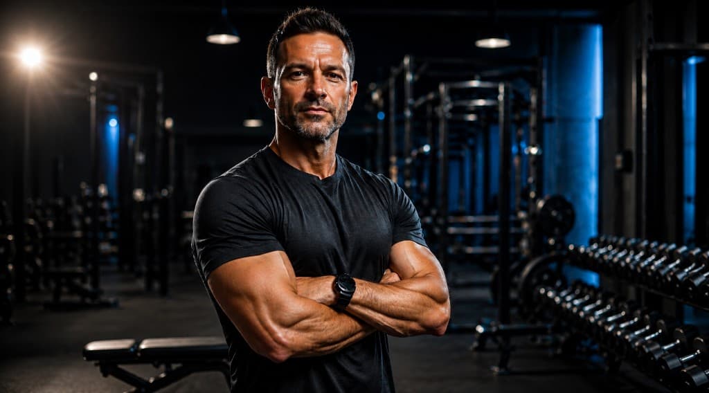 Fit man standing in a dark gym